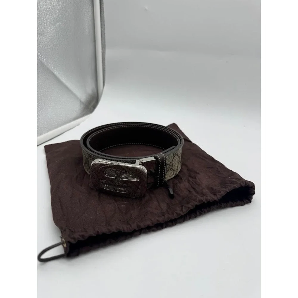 Gucci GG Supreme Canvas Interlocking G Buckle Belt Brown Leather 223891 Size 34